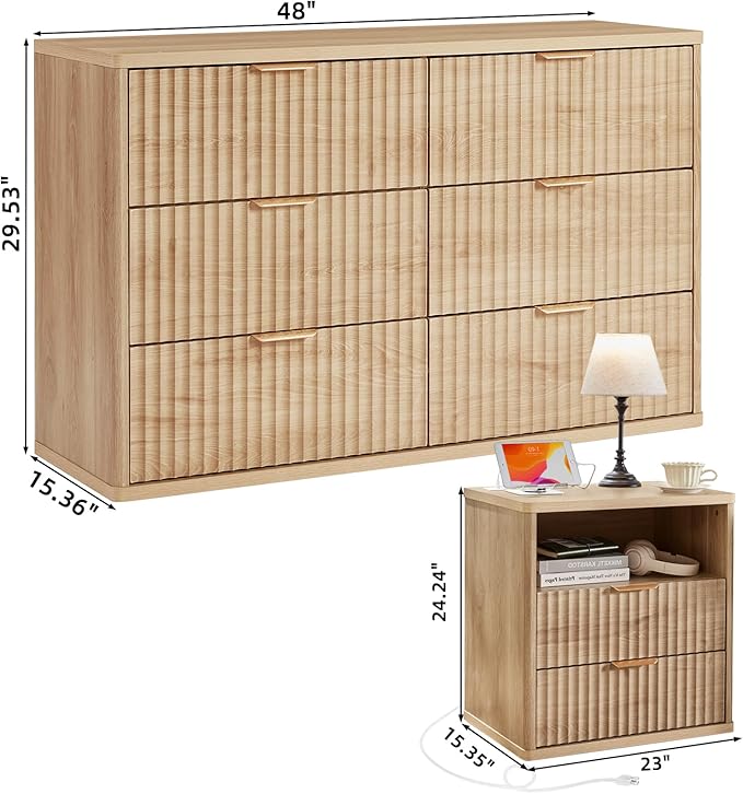 LEYAOYAO 48" Wide Fluted Dresser and 2 Drawers 23" Nightstand Set of 2, Wooden Dresser & Night Stand with Charging Station, 3 Piece Bedroom Furniture Set, Chest of Drawer for Living Room,Natural Wood