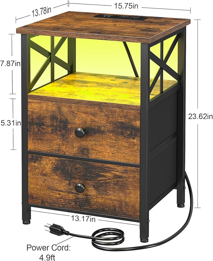 AMHANCIBLE Night Stand Set 2, LED Nightstand with Charging Station, End Tables Living Room with Fabric Drawers, Bed Side Table for Bedroom, Rustic Brown, HET052LBR