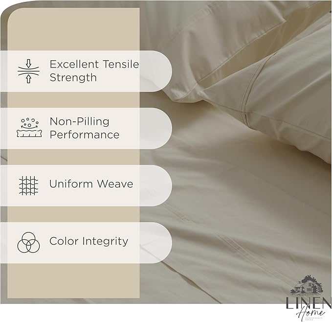 Linen Home 100% Cotton Percale Sheets Twin Size,Light Taupe, Deep Pocket, 3 Pieces Set - 1 Flat, 1 Deep Pocket Fitted Sheet and 1 Pillowcase, Crisp Cool and Strong Bed Linen