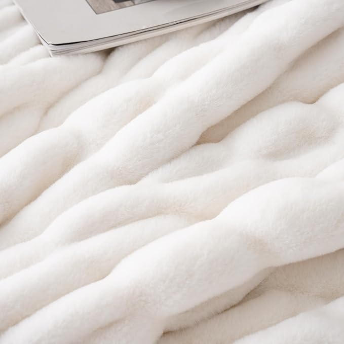 BATTILO HOME Cream Faux Fur Throw Blanket, Double Side Ruched Rabbit Fur Blanket for Couch, Bed, Super Soft Cozy Fuzzy Mink Blanket, 50"x60"(Ivory)