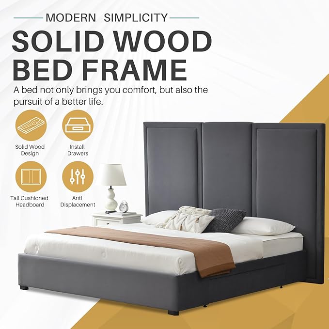 YUHUASHI King Size Bed Frame with 64-inch High Headboard, Simple and Airy Linen Upholstered Platform Bed with Storage Drawers, Wood Slat, No Noise (Grey, King (U.S. Standard))