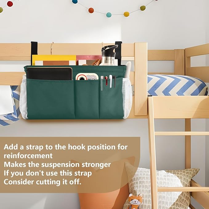 KOPIRIT Navy Cyan Bedside Caddy Storage Bag Bedside Organizer for Dorm Room Top Bunk Bed Organizer Caddy Hanging Shelf 6 Pockets with Hooks for Glasses Book Tablet Holder