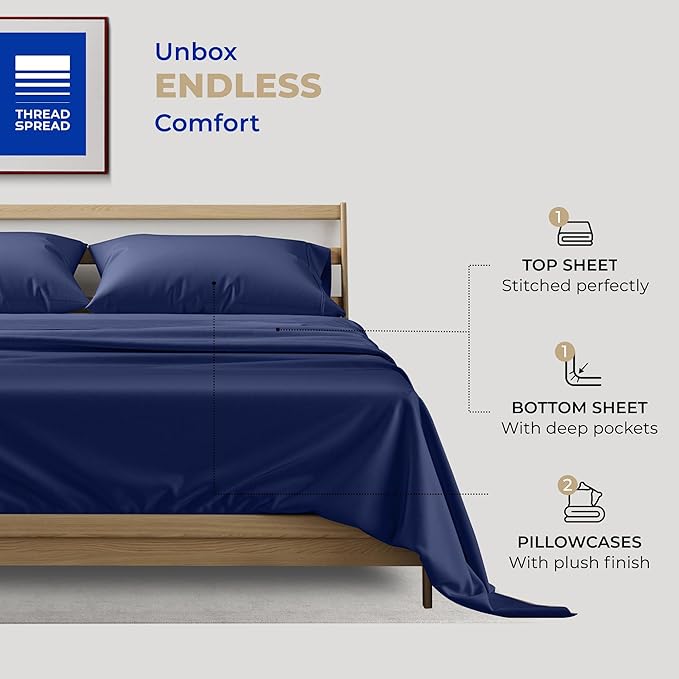 THREAD SPREAD 400 Thread Count King Cotton Sheets - 4 PC King Size Bed Sheet Set Cotton (Navy Blue), Soft, Cooling, Hotel-Quality 16" Deep Pocket Sateen Bedsheet for Hot Sleepers (Fits 18" Mattress)