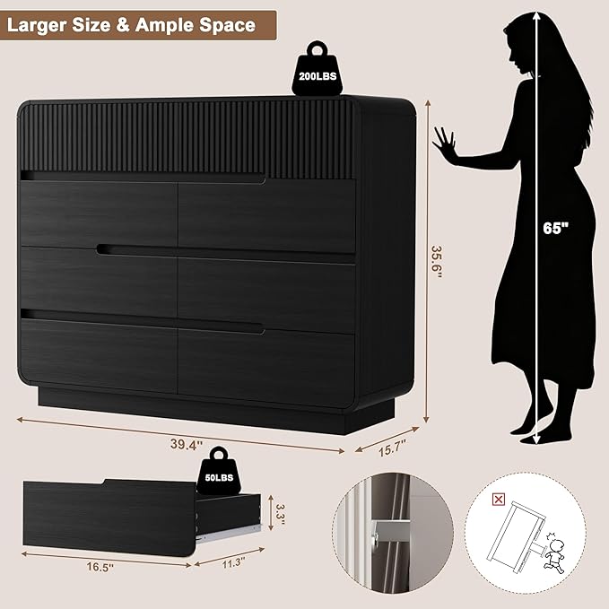 8 Drawer Dresser and 2 Nightstand Sets for Bedroom 3 Pcs Bedroom Set, Modern 39.4" Fluted Dresser with Invisible Handles Nightstand Charging Station, Bedroom Furniture Set for Living Room, Black