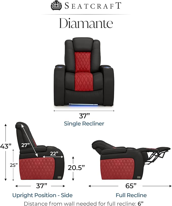 Seatcraft Diamante Zero-Gravity CoolZero Italian Leather Home Theater Seating, Power Headrest, Power Recline, Single Recliner, Black/Red