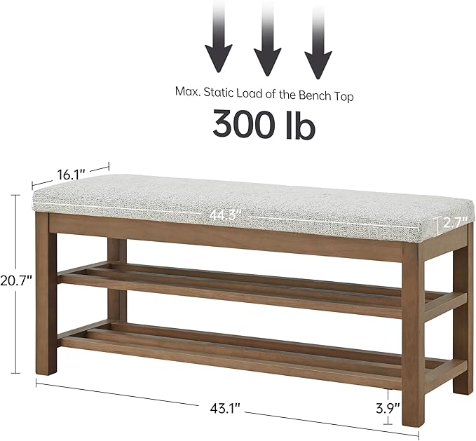 VKNOW Entryway Bench, 44.3” Upholstered Shoe Bench for Bedroom, 2-Tier Storage End of Bed Bench with Rubberwood Legs for Living Room, Hallway, Beige