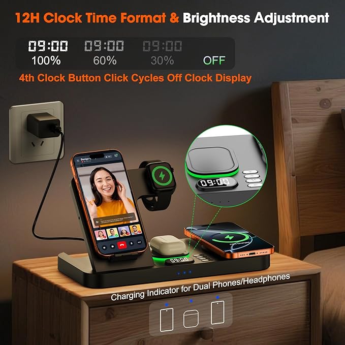 Dual Phone Magnetic Wireless Charging Station for Apple Devices/Apple Ecosystem,with Auto-Switch 7-Color Light & Clock, Compatible with iPhone 17/16/15, for iWatch 11/10/9 & AirPods Pro3（Black