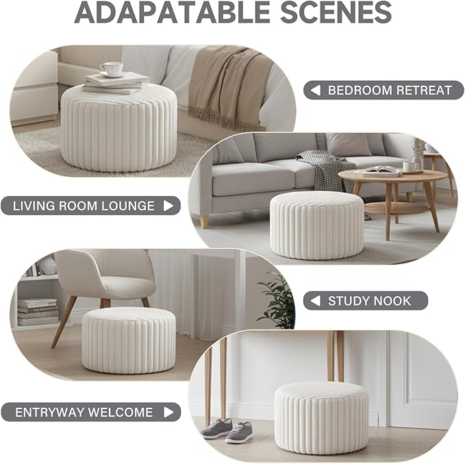 Tiita Round Stuffed Pouf Ottoman, Stripe Faux Fur Poufs with Foam Chunk Filling, Furry and Fluffy Pouf 21×21×12 inch Foot Stool Storage Ottoman,Puff Office Foot Rest for Couch Living Room, Beige