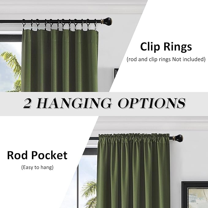 DONREN 108 inch Extra Length Blackout Curtains for Villa Bedroom, Dark Green Room Darkening Thermal Insulated Window Panels for Patio (52" Wide x 108" Long,Olive,2 Pieces)