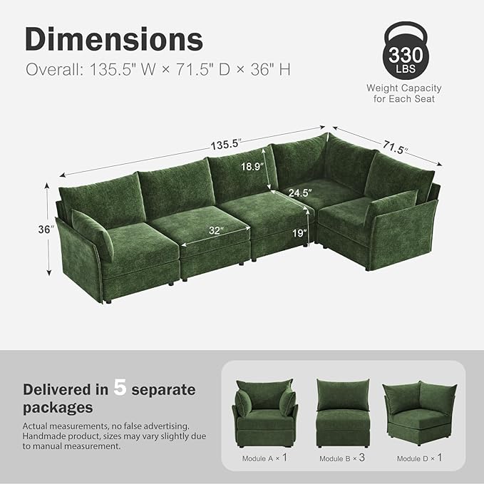 ABCASA 135.5" Oversized Modular Sectional Sofa, L Shaped Convertible Couch with Movable Ottoman, 5 Seat Corner Couches for Living Room Deep Seat Green Chenille