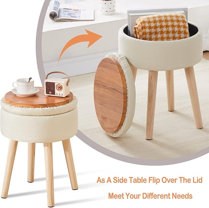 Mxfurhawa Storage Ottoman Linen Round Vanity Stool Tray Top Modern Foot Stool with Wood Legs Multifunctional Upholstered Foot Ottoman Rest for Living Room, Bathroom, Makeup (White)