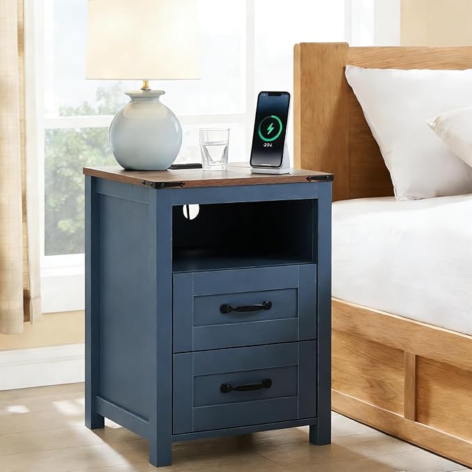 Puntogen Blue Night Stand, Rustic End Table with Charging Station, Farmhouse Tall Nightstand for Bedroom, Drawer Dresser Bedside Table with Open Storage Shelf
