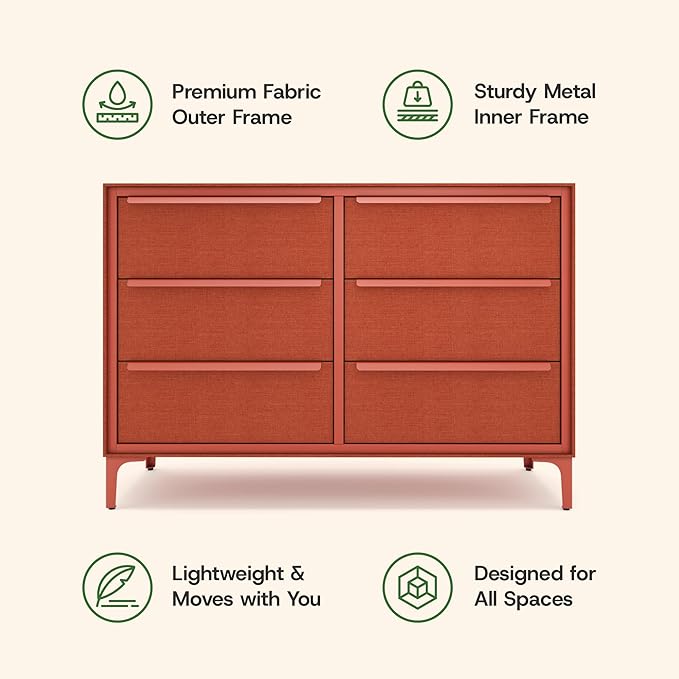 Naima Premium Fabric Dresser - Strong Metal Frame, 6 Spacious Sag-Proof Drawers with Sleek Metal Handles - Premium & Durable Storage Solution for Your Home (Orange)