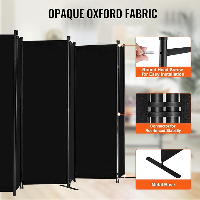 VEVOR Room Divider, 6 Panel Room Divider, Folding Privacy Screen and Portable Partition Divider for Room Separation, Freestanding Room Partitions for Office, Bedroom, Study, Black