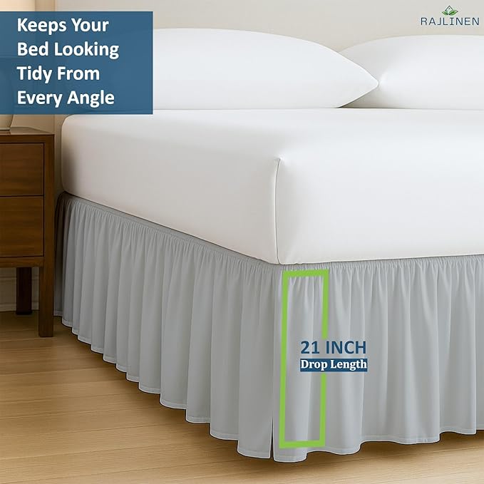 Rajlinen Ruffled Bed Skirt Twin XL, 21 Inch Drop Dust Ruffle with Split Corners, 100% Microfiber Bedskirt with Platform, Three-Sided Coverage Ruffled Gathering Design, Light Grey