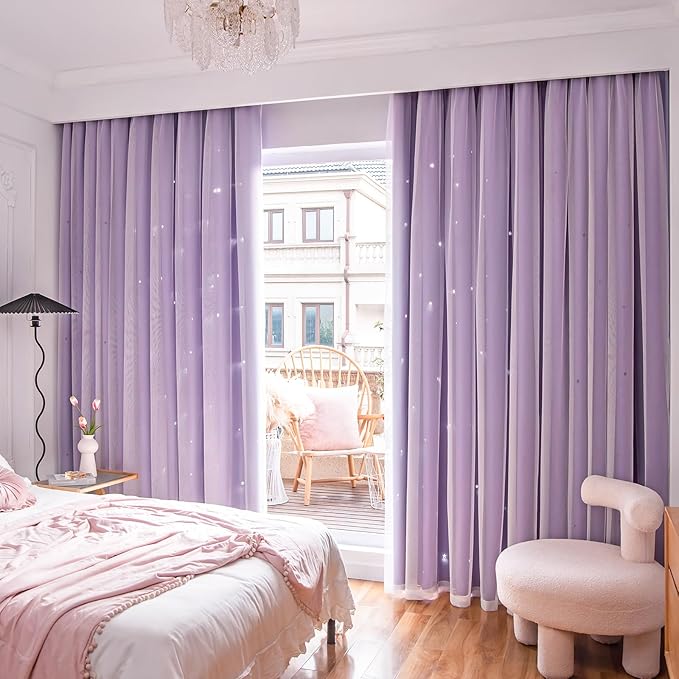 Star Double Layer Blackout Curtains for Bedroom, Kids - Cute, 72 Inch Long, 2 Panels Set, Purple, 42 x 72 Inches