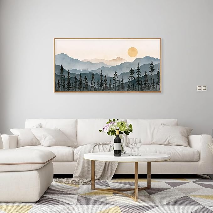 LHIUEM Boho Mountain Framed Canvas Wall Art Set,Forest Pine Tree Wall Decor,Nature Sunrise Wilderness Landscape Art Painting for Living Room,Bedroom,Dining Room,Office -20"x40"x1