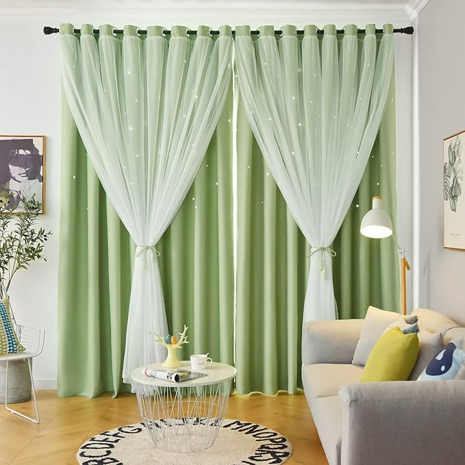Stars Double Layer Blackout Curtains for Bedroom Kids, 72 Inches Long 2 Panels Set, Green