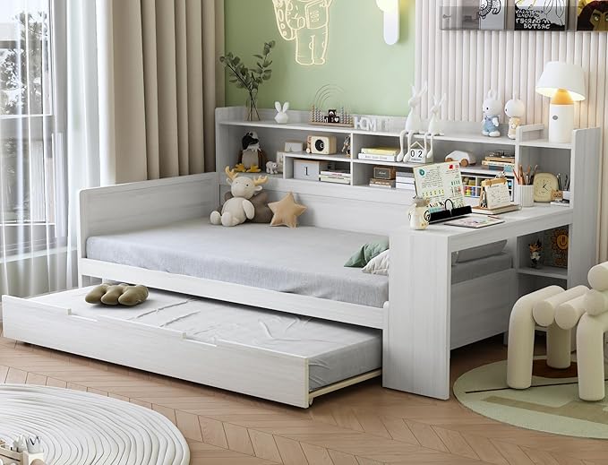 Merax Twin Size Corner Daybed Bed Frames with Desk and Trundle & Storage Shelves Headboard, Pinewood U-Shaped Captain Daybed Bed Frames for Small Room, Bedroom, Guest Room, Kids' Room, White