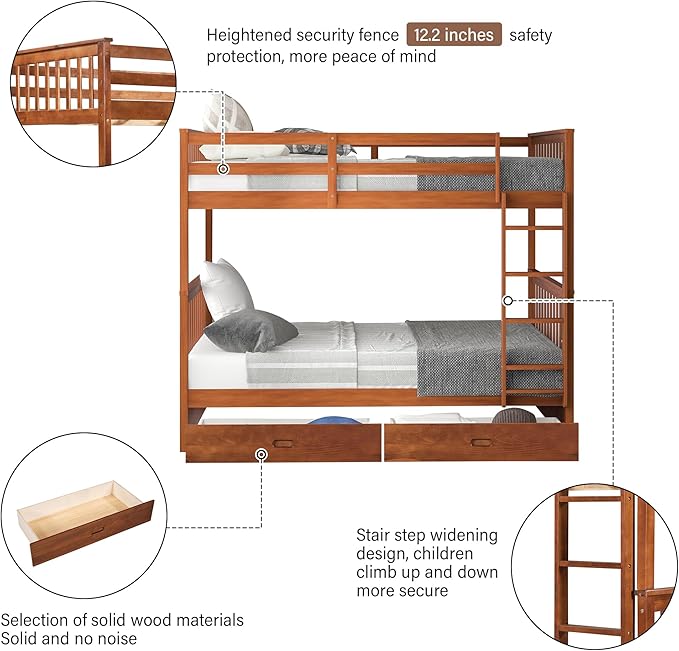 Merax Full Over Full Size Wood Bunk Bed with Drawers,Convertible Bunk Bed with Ladders and Two Storage Drawers,Solid Wood Detachable Bed Frame with Ladders, Walnut