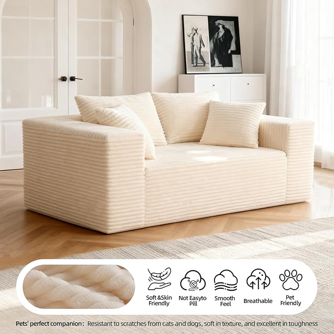 Boneless Cloud Couch Sofa, 2 Seater Deep Seat Modern Lounge Sleeper Couch, No Assemble, Corduroy Compression Upholstered Couches for Living Room, Bedroom, Apartment, Dorm, Office