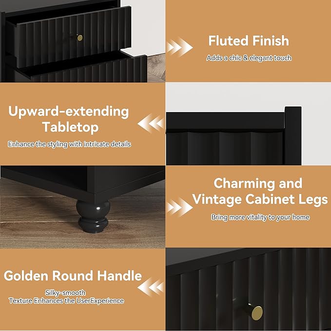 Modern Nightstand, Fluted End Table with 2 Drawers, Nightstand with Open Shelf for Bedroom (2, Black)