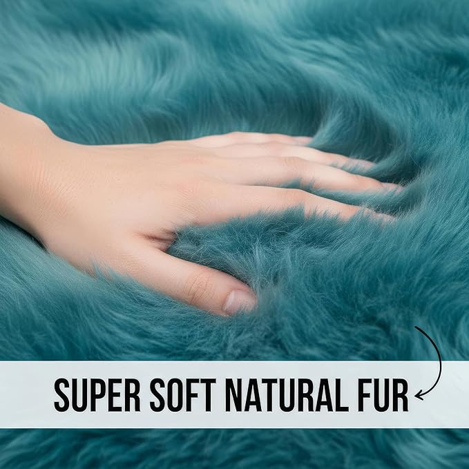 Beach Blue Genuine Sheepskin Rug 4x6 ft, Real Fluffy Quad Pelt Fur Area Rug for Living Room, Bedroom, & Nursery, Shaggy Boho, Modern, or Farmhouse Decor