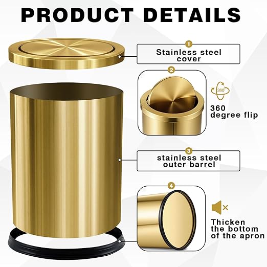 Maxdot 2 Pcs Gold Bathroom Trash Can with Flipping Lid 4 Gallon/15 L and Toilet Brush Set, Large Brushed Stainless Steel Garbage Trash Can Toilet Cleaner Brush Bin for Bathroom Bedroom Office