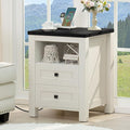 Joaxswe Nightstand with Charging Station and USB Port, Farmhouse Side End Table with 2 Drawers and Open Shelf, Wood Rustic Sofa Table, Bedside Cabinet for Bedroom, Living Room, Closet, Office (White)