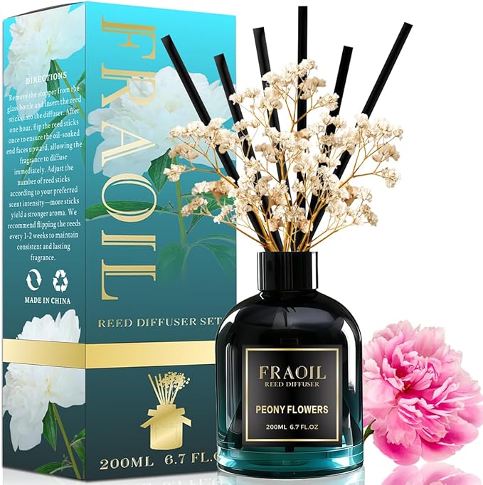 Peony Flowers Reed Diffuser, Reed Diffuser Set 6.7 fl oz (200 ml) with 6 Reed Sticks, Home Fragrance Reed Diffuser for Bathroom Shelf House Bedroom Office Decor