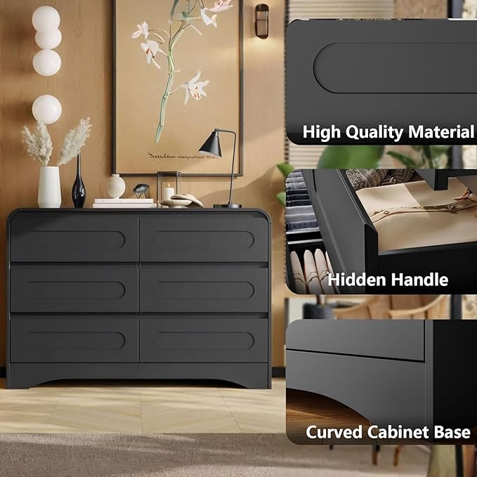 Black Dresser, Modern 6 Drawers Dressers & Chest of Drawers with Pre-installed Slide&Curved Profile Design, 47" Wide Wood Closet Clothes Storage Dressers Organizer for Bedroom Living Room Hallway