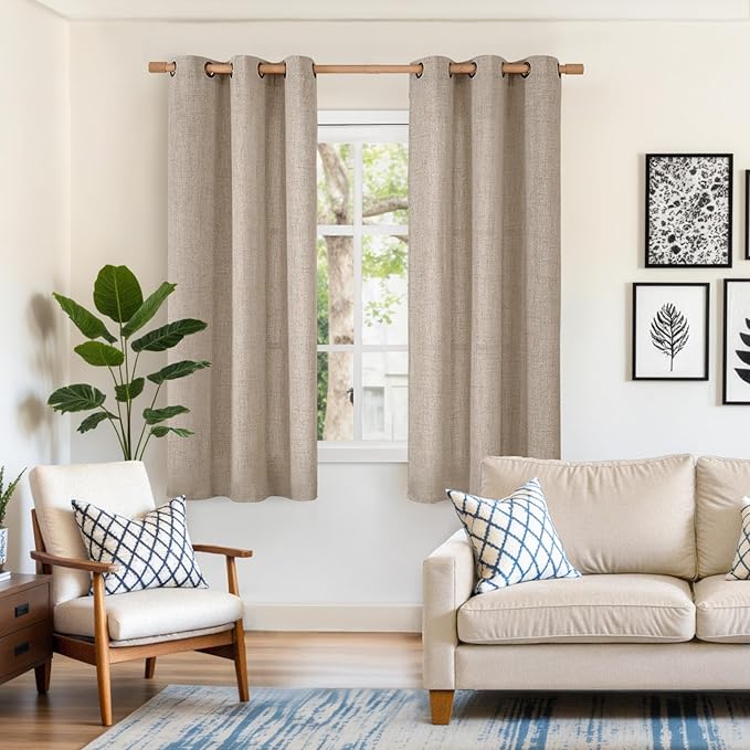 YoungsTex Linen Curtains 63 Inches Length 2 Panels for Window, Light Filtering Drapes with Textured Bronze Grommet Privacy for Living Room Bedroom, Dark Oatmeal, 38 x 63 Inch