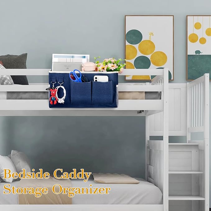 Ozzptuu Bedside Storage Caddy/Bedside Hanging Storage Bag for Headboards Bunk Beds Dorm Rooms Book Phone Magazine Holder (Navy Blue)