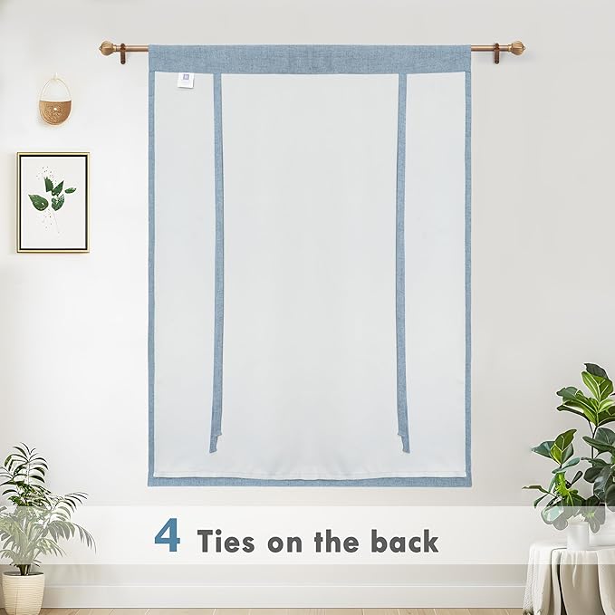 DriftAway Double Layer Linen Blackout Tie Up Curtains Thermal Insulated Fully Lined Balloon Roman Shade Bathroom Window Adjustable Rod Pocket for Small Window 39 Inch by 55 Inch Dusty Blue