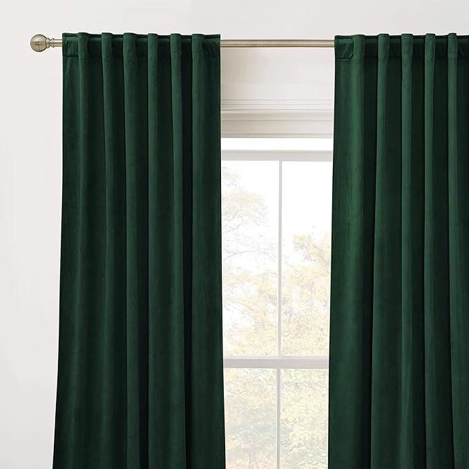 RYB HOME Living Room Curtains, Vintage Velvet Drapes Soft Durable Texture Room Darkening Window Treatment Decorative Backdrop Thermal Curtains for Bedrooom, Hunter Green, W52 x L120 inch, 2 Panel