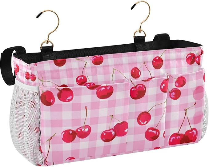 Bedside Caddy Hanging Bunk Bed Caddy Bed Organizer Hanging Pocket with 2 Hooks Bedside Storage Organizer Pocket Bag Holder Pink Juicy Checkered Cherry