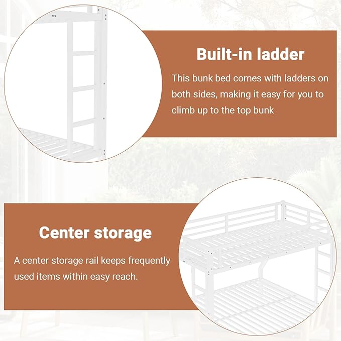 Twin XL Over Queen Bunk Bed Frame, Heavy Duty Metal Loft Bed for Adults/Teens, 350/600LB Capacity w/Ladder & Guardrail, Noise-Free Steel Slats, No Box Spring Required, White