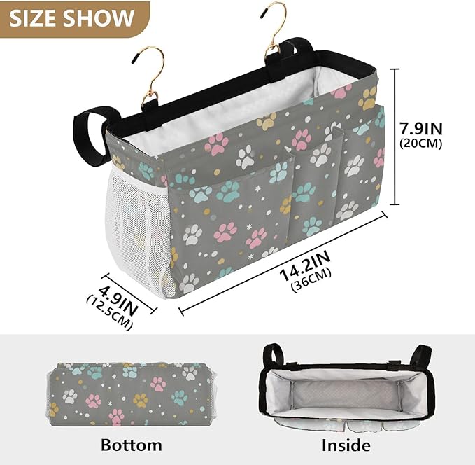 Bedside Caddy Hanging Bunk Bed Caddy Bed Organizer Hanging Pocket with 2 Hooks Bedside Storage Organizer Pocket Bag Holder Paw Print Dots Stars Grey
