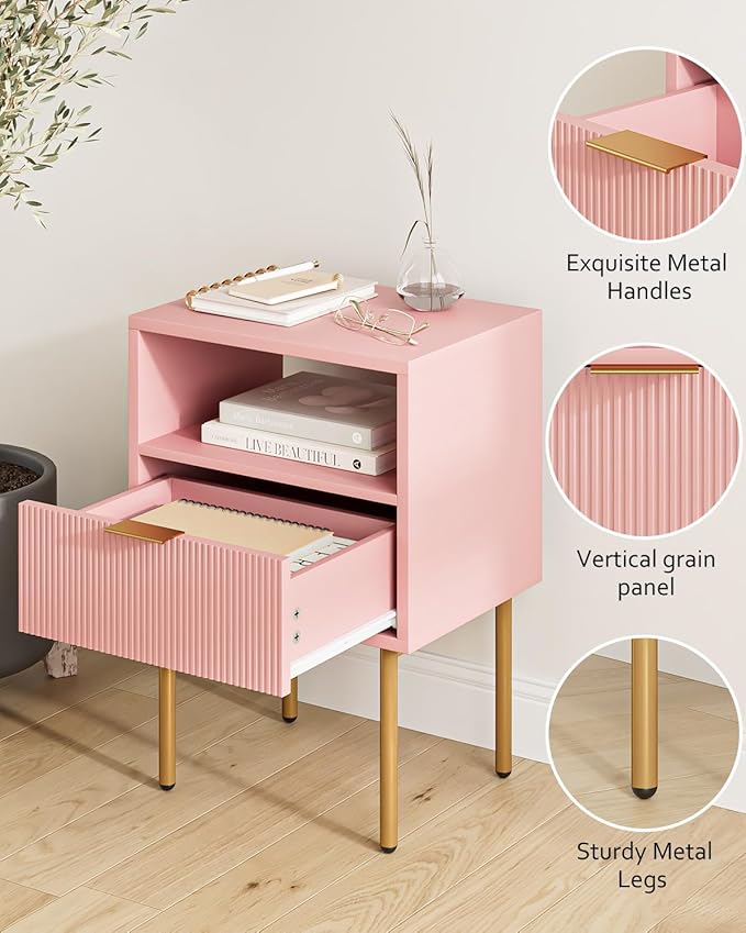 Masupu Night Stand,Mid-Century Modern Bedside Table with Storage Drawer and Open Wood Shelf,Small Gold Frame Side Table for Bedroom,Living Room, Pink