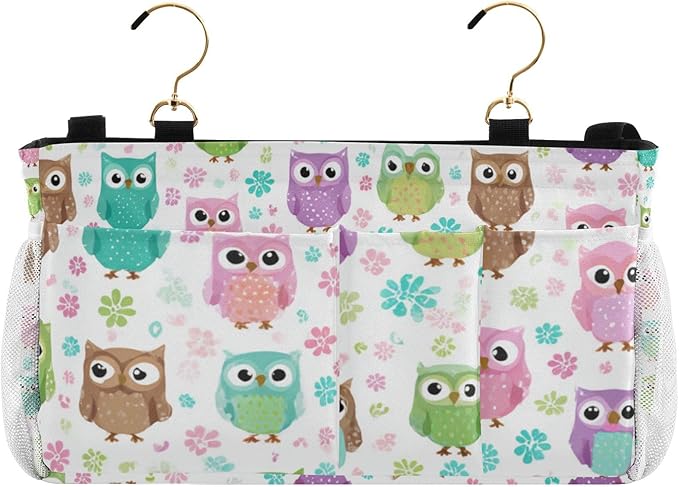 Bedside Caddy Hanging Bunk Bed Caddy Bed Organizer Hanging Pocket with 2 Hooks Bedside Storage Organizer Pocket Bag Holder Colorful Owls and Flowers
