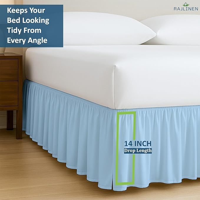 Rajlinen Ruffled Bed Skirt Twin XL, 14 Inch Drop Dust Ruffle with Split Corners, 100% Microfiber Bedskirt with Platform, Three-Sided Coverage Ruffled Gathering Design, Light Blue