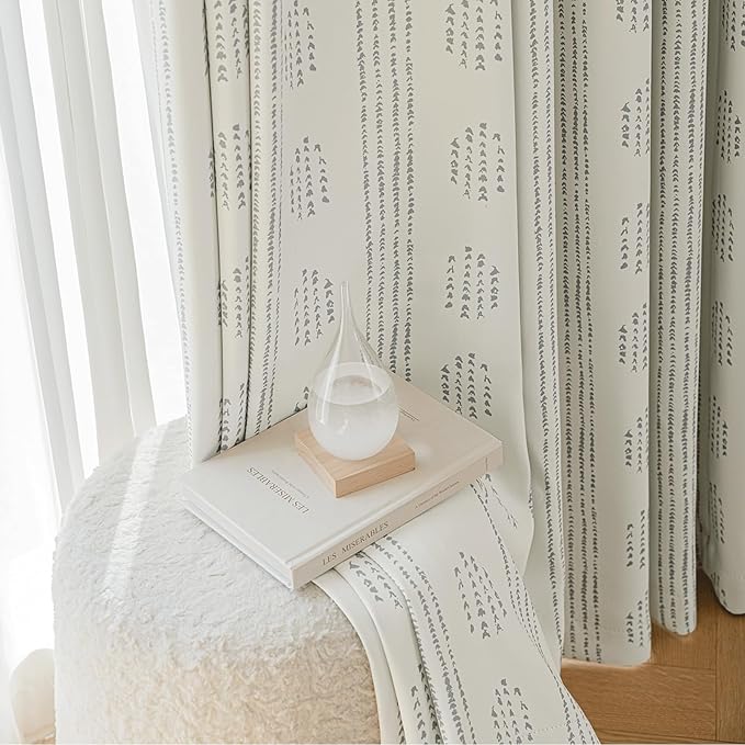 100% Boho Blackout Curtains 96 Inches Long for Bedroom, Grey on Beige Patterned Bohemian Curtains for Living Room, Geometric Striped Thermal Insulated Window Drapes Gromment Top 2 Panels