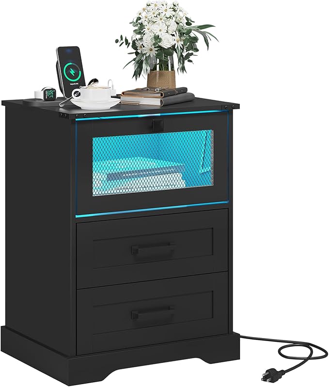 Hasuit Night Stand with Charging Station and LED Lights, Farmhouse Nightstand with 2 Drawers, Black Bedside Table for Bedroom