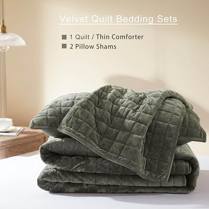 LEAONME Velvet Quilt California King-118''x106'', Lightweight Olive Green Velvet Comforter Set with 2 Pillow Shams, Soft Oversized Bedspread Coverlet Quilted Bedding Set for All Season