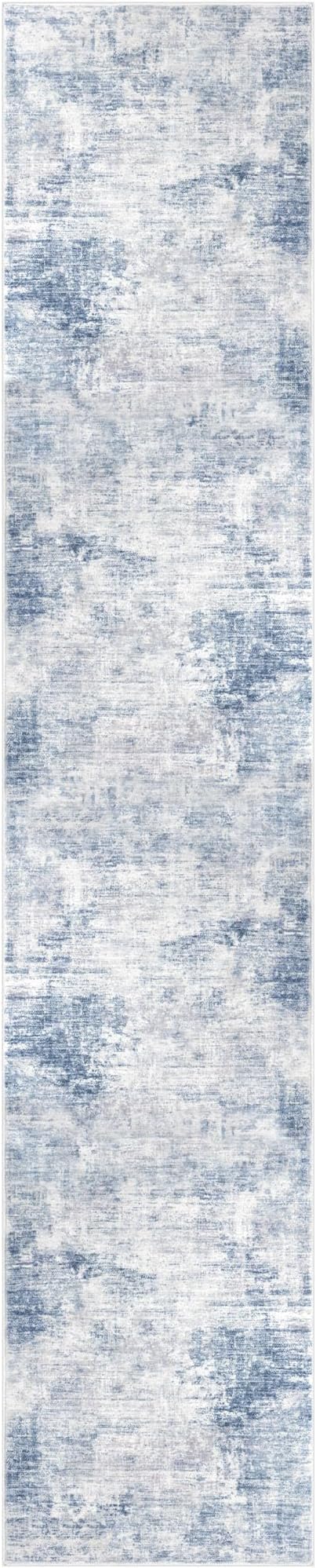 IOHOUZE Abstract Runner Rug 3x14 Ft Washable Runners for Hallways, Non Slip Kitchen Runner Printed Faux Wool Entryway Runner Indoor, Modern Abstract Floor Carpet for Hall Stair, Light Blue White