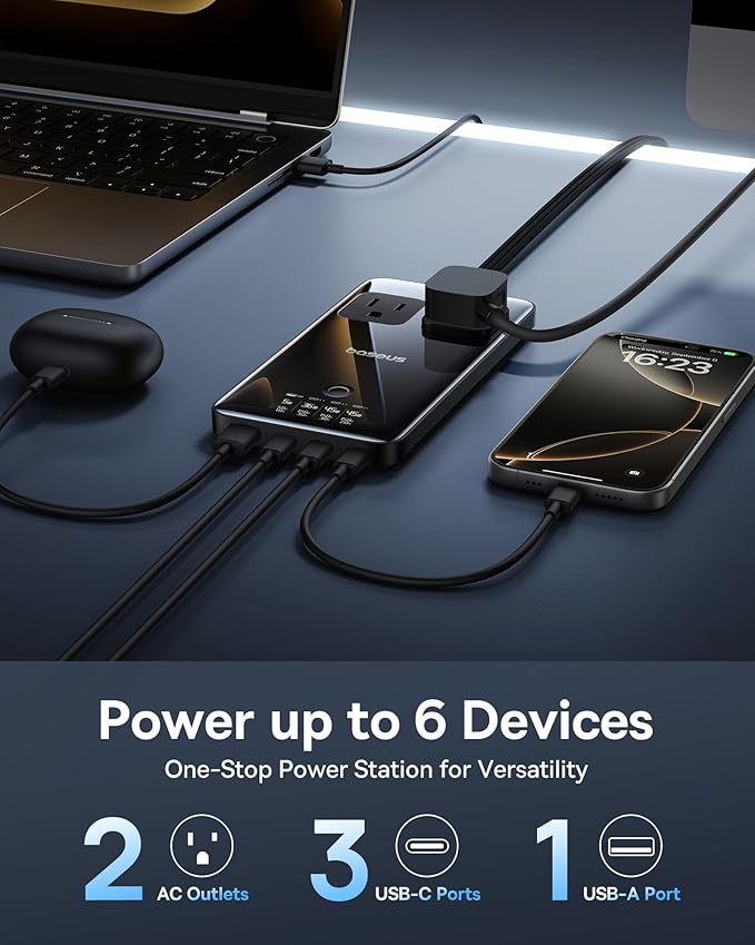 Baseus Blade Charging Station 140W, 6-in-1 Compact USB C Power Strip with 5ft Detachable Flat Extension Cord, Digital Display, Slim Fast Desktop Charger for Work and Travel (Not a Portable Battery)