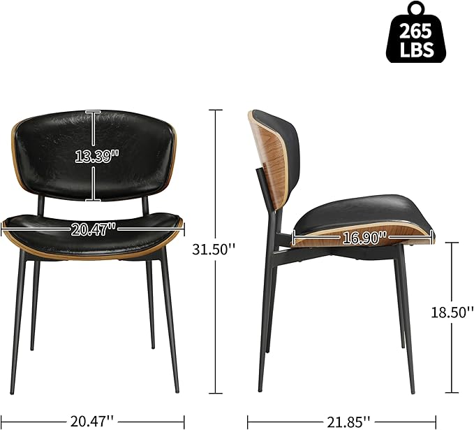 Art Leon Dining Chairs Set of 4, Walnut Bentwood, Mid Century Modern Dining Room Chairs, Faux Leather Upholstered Desk Chair with Black Metal Legs, Black