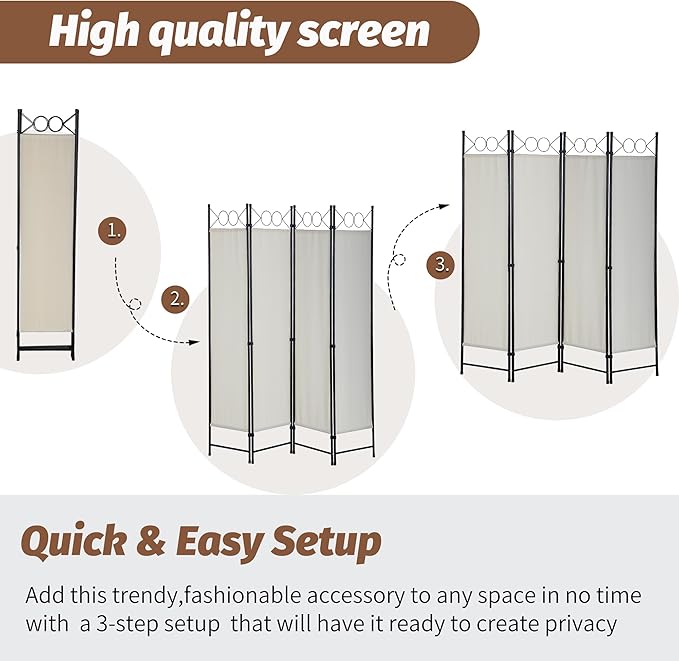 FDW 4 Panel Room Divider and Folding Portable Partition Screen, 6FT Wall Divider Screen for Dorm Bedroom Office, Cream
