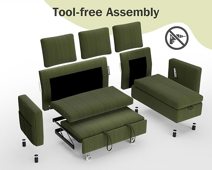Vipbear 80" Sectional Sleeper Sofa Bed with Pull Out Bed, L Shaped Couch Pull Out Couch with Reclining Backrest, Reversible Storage Chaise, USB Ports, Tool-Free Assembly, Corduroy Olive Green
