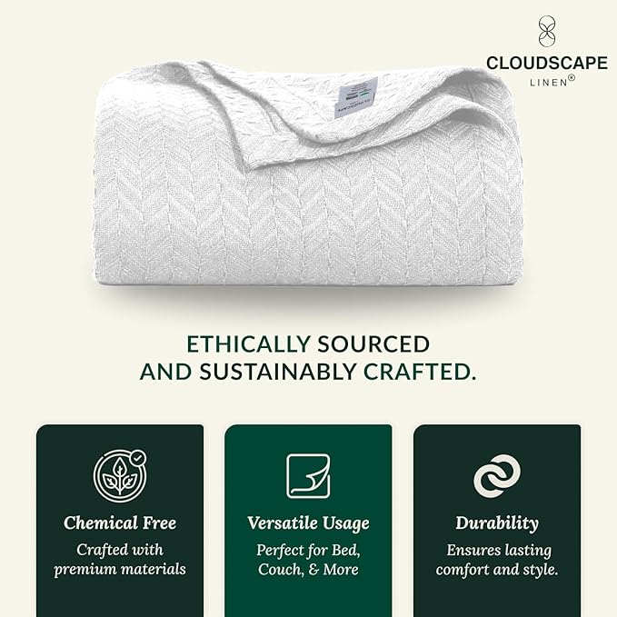 Cloud Scape Linen 100% Cotton Throw Blanket 50x70 White, Luxury All-Season Warmth, Ultra Soft, Oversized Herringbone Gauze Blanket for Winter, Bed, Couch & Sofa Decor, Best Gift Idea